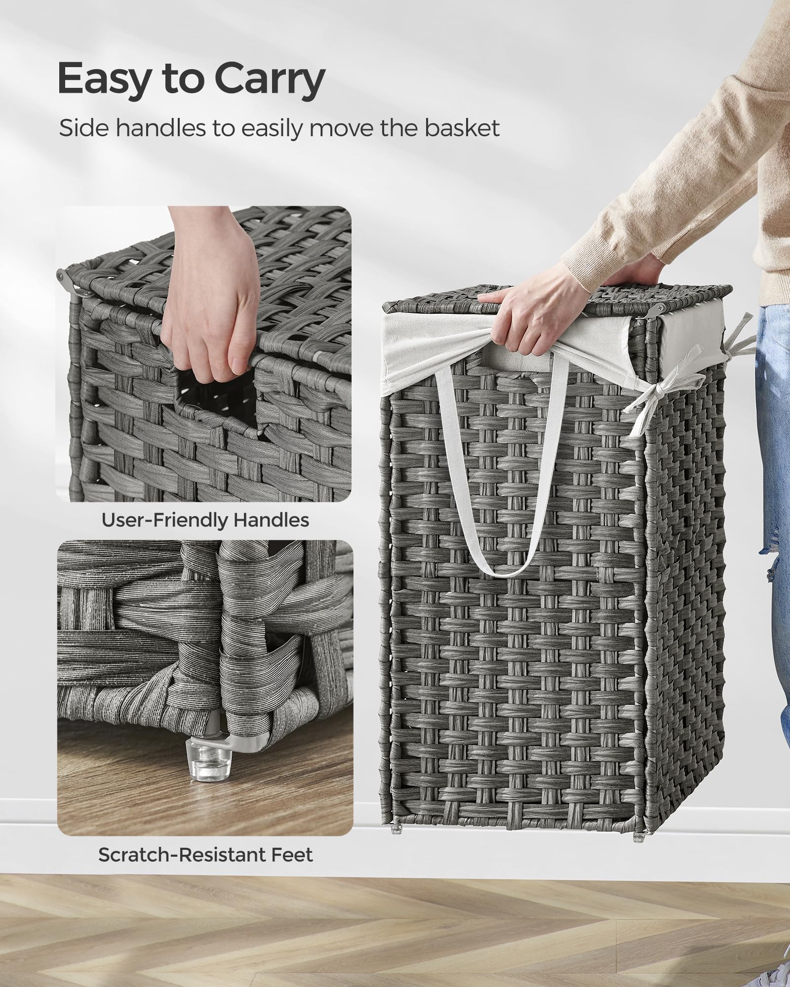 SONGMICS Laundry Hamper with Lid, 23.8 Gallon (90 L) Synthetic Rattan Clothes Laundry Basket with