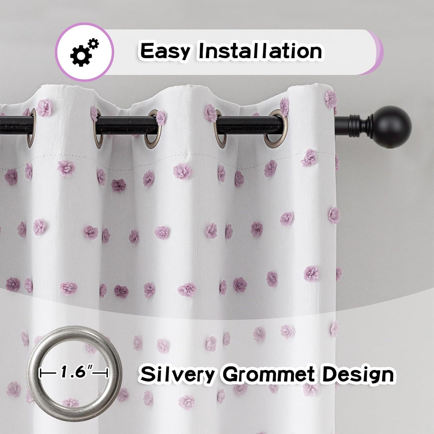 MYSKY HOME 100% Blackout Curtains for Nursery Thermal Insulated Purple Pom Pom Curtains 72 Inch Long for Girls Bedroom 2 Panels White Sheer Curtains for Kitchen Dining Room Door Grommet, 52 x 72 in
