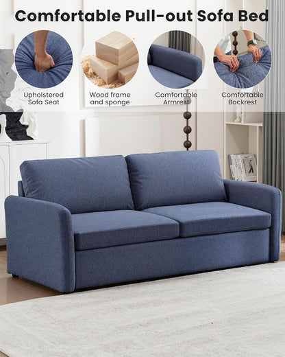 Queen Pull Out Sofa Bed, 2-in-1 Convertible Sleeper Sofa Couch with Memory Foam Mattress – Space-Saving Sofa Bed Queen for Living Room & Guest Room, Navy Blue