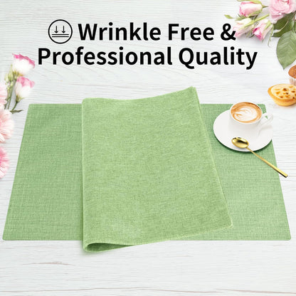 Cloth Placemats, Set of 6 Heat-Resistant Cotton Linen Blend Double Layered Machine Washable Place Mats, Wrinkle Free Thick Fabric Dining Table Mats for Indoors & Outdoors (Grass Green, 6)