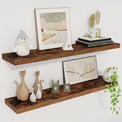 Fun Memories Floating Shelves for Wall, 30" Rustic Wood Deep Wall Mounted Shelves with Invisible Brackets for Decor & Storage, Floating Shelf for Living Room, Bathroom (Rustic Brown, Set of 2)