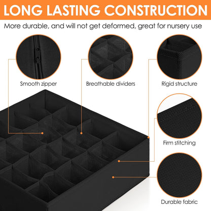 6 Pack Sock Underwear Drawer Organizer Dividers, 58 Cell Foldable Fabric Dresser Closet Organizers and Storage Bins for Clothing, Baby Clothes, Bra, Panty, Scarf, Ties (Black)