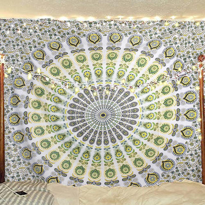 Bless International Handmade Indian hippie Bohemian Psychedelic Peacock Mandala Wall hanging College Dorm Beach Throws Table Cloth Bedding Tapestry (Yellow Green, Queen(84x90Inches)(215x230Cms))