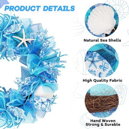 24 Inch Coastal Seashell Large Wreath with Natural Starfish & Scallops Shell, Blue Beach Style Front Door Wreath with for Spring Summer, Farmhouse Rustic Indoor Outdoor Home Wall Wedding Decor
