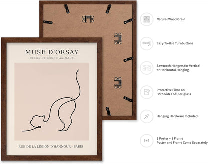 Poster Master Vintage Poster - Retro One Line Cat Drawing Print - Cat Art - Minimal Gift for Men, Women, Animal Lover - Abstract Wall Decor for Home, Office, Bedroom, 11x14 Brown Framed