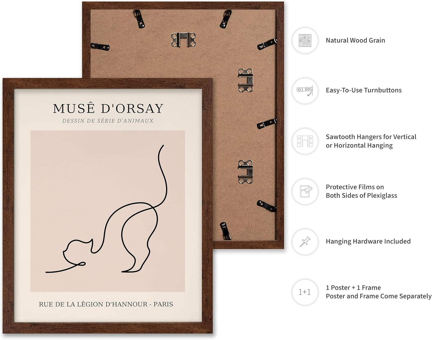 Poster Master Vintage Poster - Retro One Line Cat Drawing Print - Cat Art - Minimal Gift for Men, Women, Animal Lover - Abstract Wall Decor for Home, Office, Bedroom, 16x20 Brown Framed