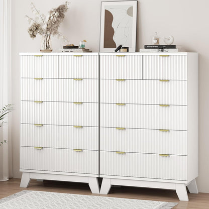 Fluted Dresser for Bedroom with 6 Drawers, 46" Tall Modern Chest of Drawers with Metal Handle, Wooden Dresser TV Stand, Wood Closet Clothes Storage Organizer for Living Room, Hallway, White