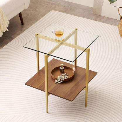 Glass End Table, Mid-Century Modern Design Sofa Table, for Living Room, 2-Tier Structure, Clear Glass Top and Walnut MDF Shelf, Sleek Conical Metal Legs with Gold Finish Frame