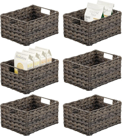 mDesign Woven Farmhouse Kitchen Pantry Food Storage Organizer Basket Box - Container Organization for Cabinets, Cupboards, Shelves, Countertops, Store Potatoes, Onions, Fruit, 6 Pack, Espresso Brown