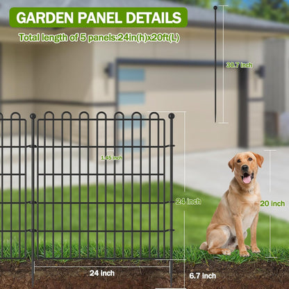 10 Panels No Dig Decorative Garden Fence with Gate for Yard, 24 in(H) X 20 ft(L) Animal Barrier Fencing for Outdoor Dog, Metal Portable Garden Fences for Borders, Pets, Landscape, Temporary Fence