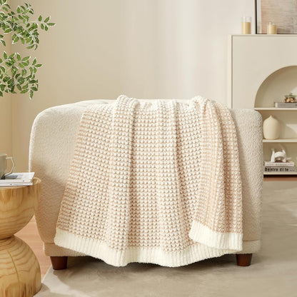 Snuggle Sac Cream Waffle Throw Blanket for Couch Bed Sofa 50x60 inches, Reversible Beige Blanket Microfiber Fluffy Fuzzy Cozy Knit Soft Throws for Women Mothers Birthday Gifts