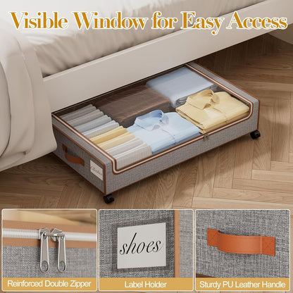 Yecaye Under Bed Storage with Wheels, 4 Pack Under Bed Storage Containers with Clear Lids & Label, XXL Large Lapacity Rolling Under Bed Drawers for Clothes, Shoes, Blankets