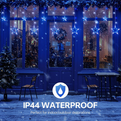 126L Blue White Christmas Star Icicle Lights, 8.2FT Clear Curtain Fairy String with Connectable, Timer 8 Modes Memory, Waterproof Hanging for Eaves, Party, Wedding Indoor Outdoor Decorations