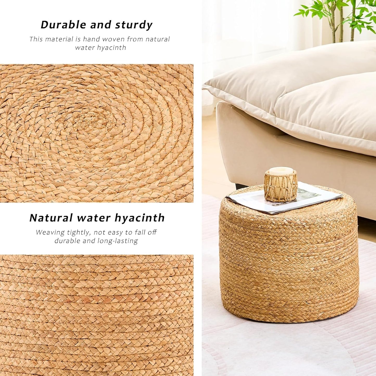 Handwoven Water Hyacinth Ottoman Pouf, Round Outdoor Footstool with Sturdy Frame, No Assembly Needed, Boho Accent Stool for Indoor & Outdoor Use – Patio, Balcony, Living Room (Natural)