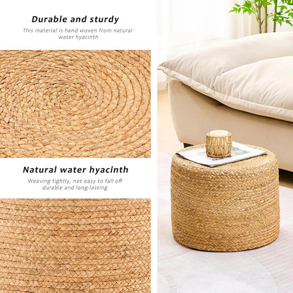 Handwoven Water Hyacinth Ottoman Pouf, Round Outdoor Footstool with Sturdy Frame, No Assembly Needed, Boho Accent Stool for Indoor & Outdoor Use – Patio, Balcony, Living Room (Natural)
