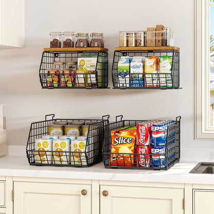 X-cosrack 2-Tier Stackable Wire Baskets for with Wood Lid, Wall Hanging Baskets for Potato and Onion Storage, Fruit Basket for Kitchen Counter, Metal Baskets for Snack Produce Cans