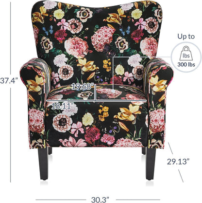 BELLEZE Modern Accent Chair for Living Room, High Back Linen Armchair with Wooden Legs, Upholstered Wingback Side Chair Padded Armrest Single Sofa for Living Room, Bedroom - Allston (Black & Flower)