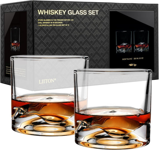Mont Blanc Heavy Crystal Whiskey Glasses Gift Set of 2, Thick Freezable Bourbon Glass 1lb Each