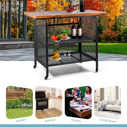 Rustic 3-Tiered Serving Cart with Casters Vintage Rolling Bar Cart for Kitchen Living Room Industrial Mobile Barbecue Cart for Outdoor&Indoor 47.2 * 19.7 * 36.6in L*W*H