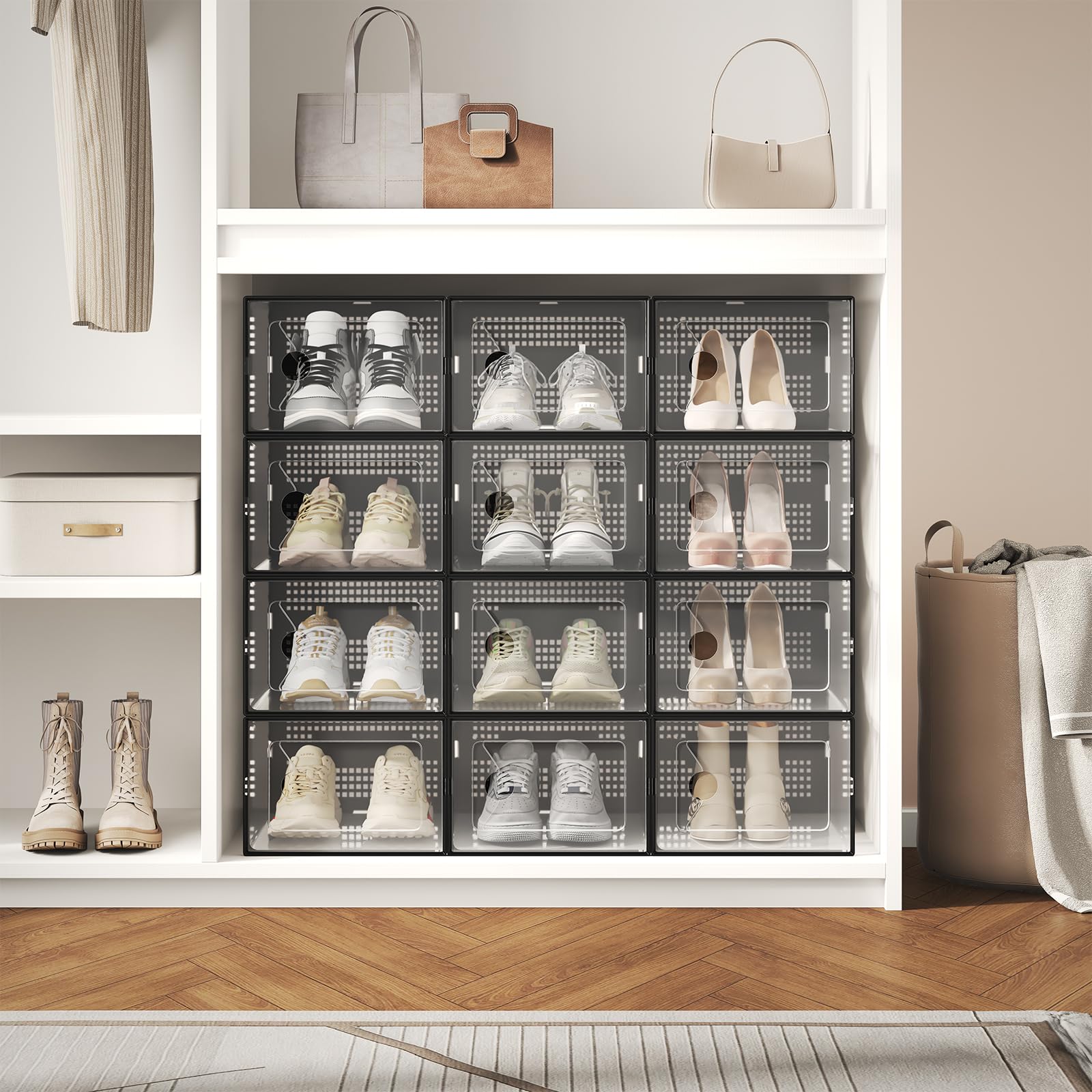DUMOS Shoe Storage Boxes, 12-Pack Stackable Clear Shoe Containers with Lids, Display Sneaker Case