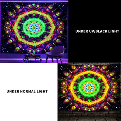 Blacklight Mandala Tapestry for Bedroom, Psychedelic Flower Black Light Posters for Adults and Teens, UV Reactive Aesthetic Bohemian Art Wall Hanging Decor Golden and Green (60 x 50 Inches)