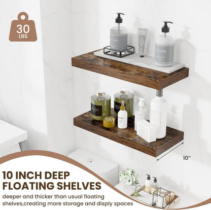 Fun Memories 24 Inch Floating Shelves Wall-Mounted, 10 Inch Deep Wall Shelves, 24 x 10 Floating Shelf for Living Room Bathroom Bedroom, Rustic Brown, Set of 2