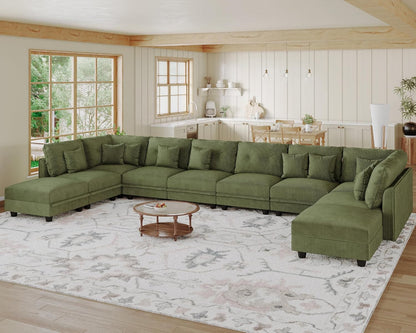LLappuil Modular Sectional Sofa with Storage Seats, Corduroy Convertible Modular U Shaped Sectional Couch for Living Room, 10 Seat Oversized Sofa with 10 Back Cushion 10 Throw Pillow, Green
