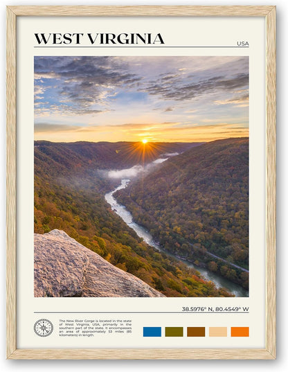 HesenDot Natural OAK Wood Framed West Virginia Wall Art,12x16in New River Gorge Quality Canvas Wall Print,Classic Urban Landmark Wall Decor for Living Room,Bedroom,Office Gallery Gifts Set of 1