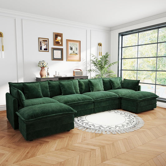 Sectional Sofa 4 Seater with Movable 2 Ottomans,Oversized Modular Couch Deep Seat (Green, 146.5