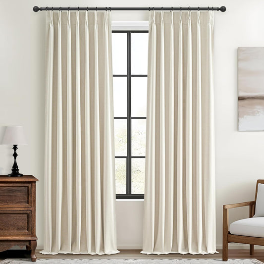 Pinch Pleat Cream Linen 100 Inch Long Tall Curtains for Dining Room 2 Panels Set, Neutral Blackout Viral Curtain with Hooks&Rings for Sliding Glass/Office/Sunroom Privacy Thermal Drapes 40" W x 100" L
