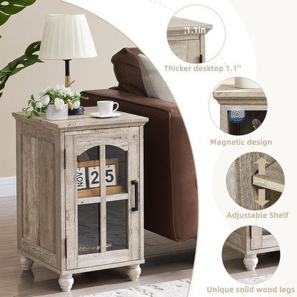 Narrow Side Table,Farmhouse Nightstand with Charging Station,Wood End Table with Glass Barn Door Storage, Cabinet Organizer with Adjustable Shelf, Night Stand for Small Spaces for Living Room Bedroom