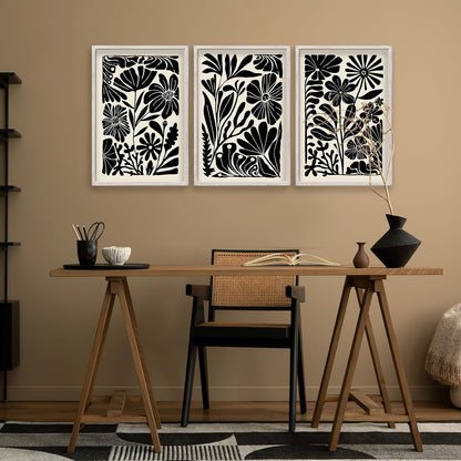 Abstract Floral Botanical Wall Art 16x11 Inch 3 Piece Black Vintage Boho Plant Flower Minimalist Wood Frame Sign Home Living Room Family Office Mid Century Print Wall Hanging Decor (White)