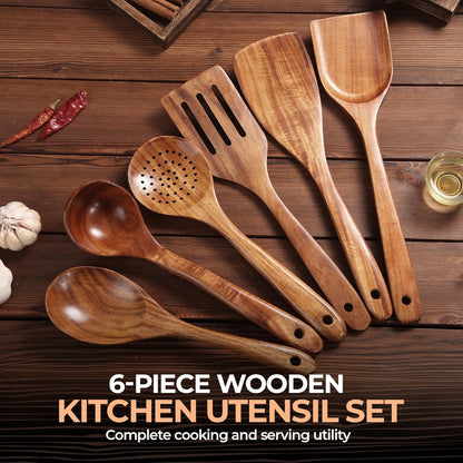 AIUHI Nonstick Natural Wooden Kitchen Utensils Set, Smooth Finish Teak Wood Spoons for Cooking, Comfortable Grip Spatula for Elaborate Cooking 6Pcs