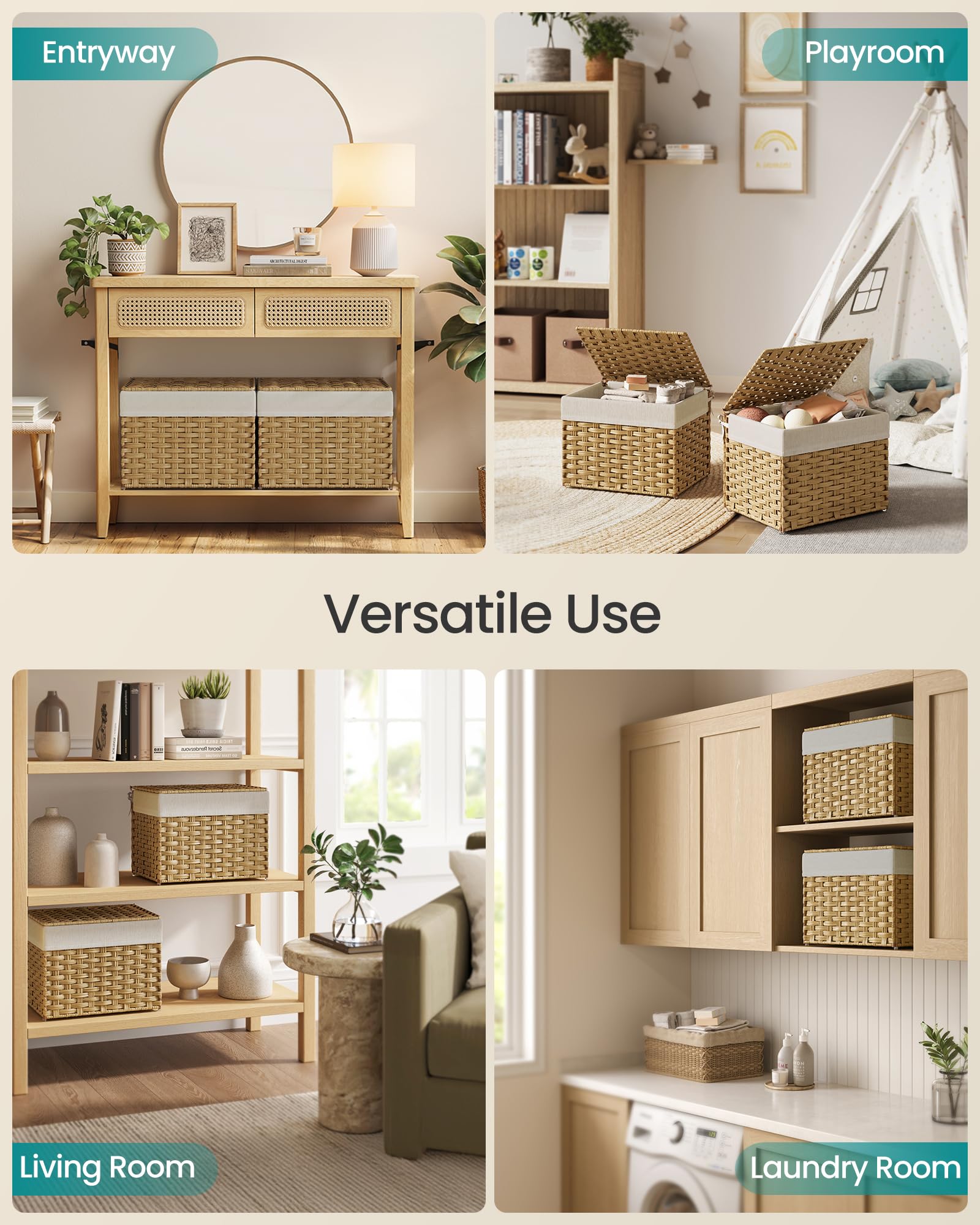 SONGMICS Storage Basket with Lid, Woven Blanket Storage Bin with Handles, Foldable, Removable