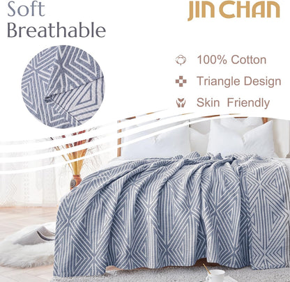jinchan Boho 100% Cotton Blanket Muslin 50x60 Inches Lightweight 3-Layer Geometric Cross Pattern Reversible Quilt Throw Soft Breathable Comfy All Seasons for Couch Bed Decor, Blue