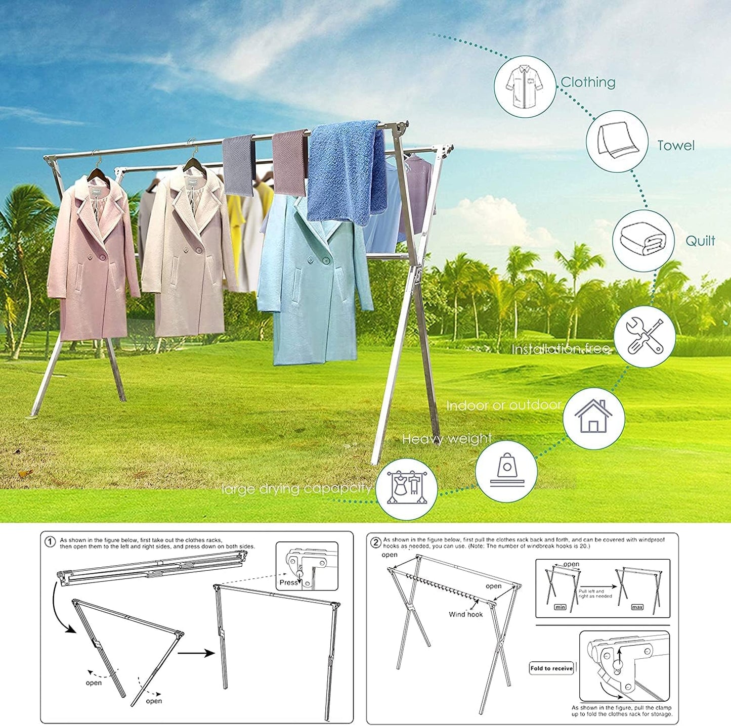 Clothes Drying Racks Outdoor, 82 Inches Updated Version,Stainless Steel Laundry Drying Rack for Indoor Outdoor and The Balcony,Length Adjustable Saves Space,with Windproof Hooks(002)
