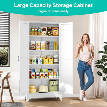 75" Tall Pantry Cabinet,Farmhouse Kitchen Pantry Storage Cabinets with 2 Doors and 5 Shelves,White Metal Storage Cabinet,Large Cupboard for Home,Kitchen,Dining/Living Room