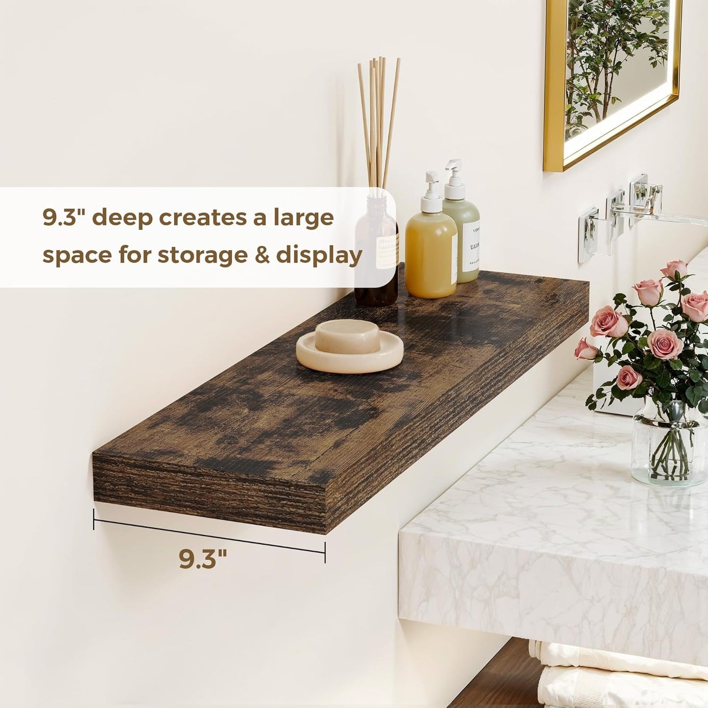 Dreamland 40 Inches Floating Shelves for Wall, 9.3" Deep Long Floating Shelves Set of 2, Large Display & Storage Shelf, Wall Shelf for Bathroom Bedroom Living Room Kitchen Office, Rustic Brown