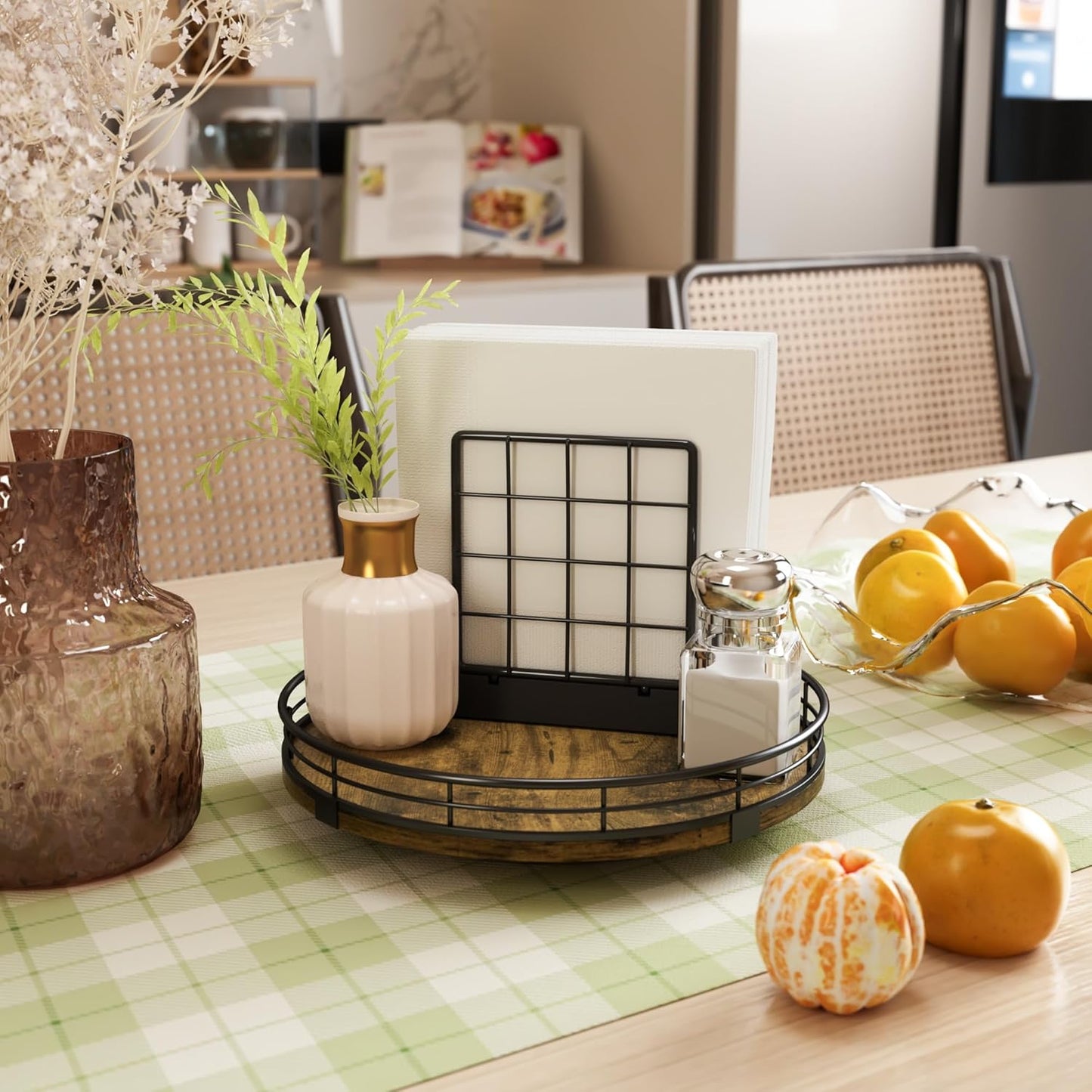 Lazy Susan Turntable Organizer for Table Top, 9’’ Round Wooden Lazy Susan for Cabinet Kitchen Countertop Pantry Dining Coffee Table for Condiments Spices, Rustic Bathroom Vanity Tray for Soap Candle