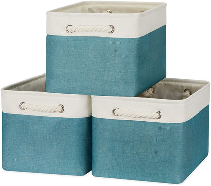 Bidtakay Basket Storage Bins with Handles Fabric Large Storage Baskets for Organizing Set of 3 Collapsible Rectangular Basket for Shelves Closet Organizer 15 X 11 X 9.5 Inches(White&Teal Blue)
