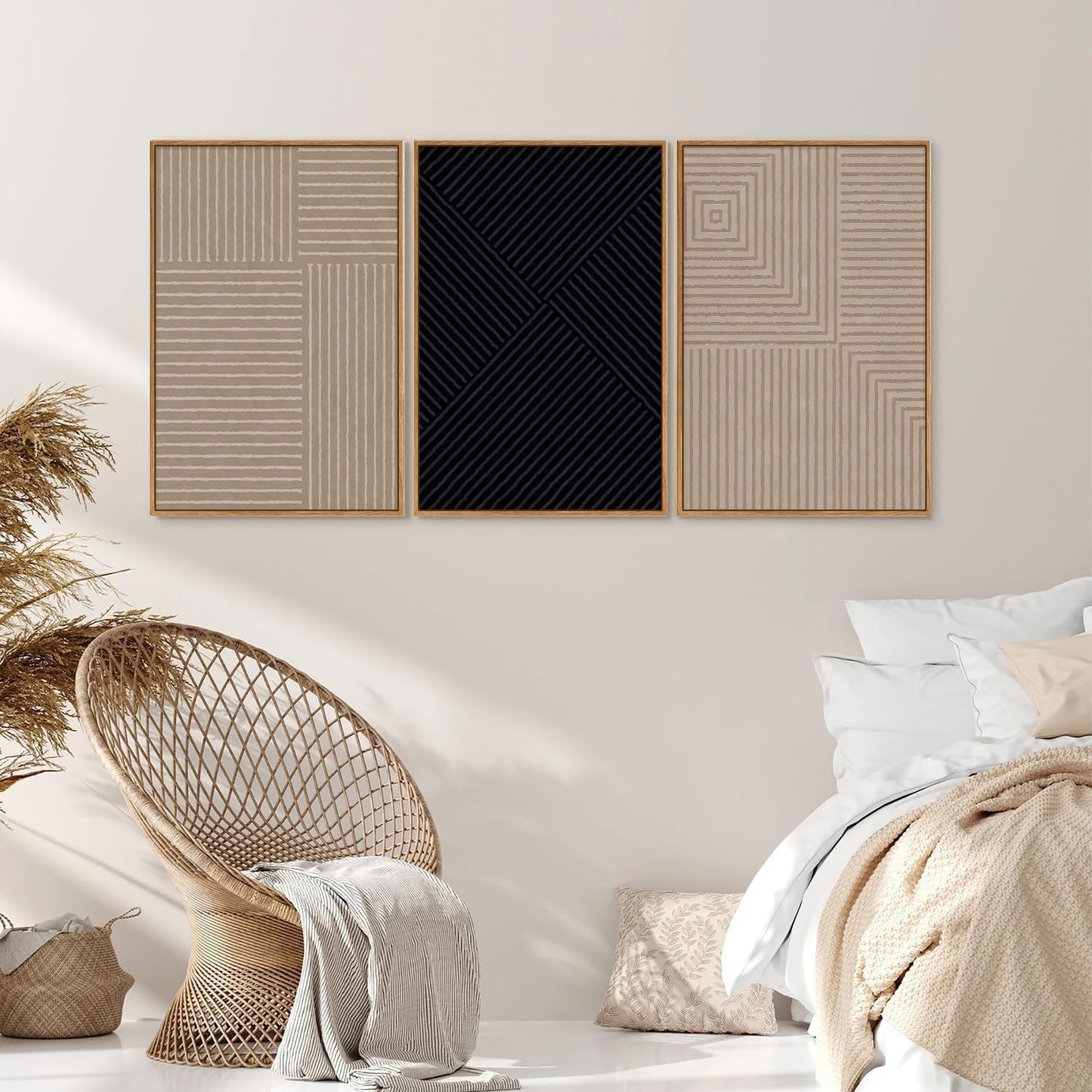 Tinonedraw Mid Century Modern Framed Canvas Wall Art Set of 3, Neutral Abstract Art Prints, Black and Brown Geometric Minimalist Wall Decor for Living Room Bedroom Office Dining Room 16"x24"x3