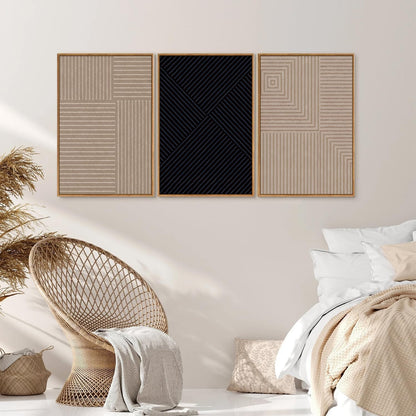 Tinonedraw Mid Century Modern Framed Canvas Wall Art Set of 3, Neutral Abstract Art Prints, Black and Brown Geometric Minimalist Wall Decor for Living Room Bedroom Office Dining Room 16"x24"x3