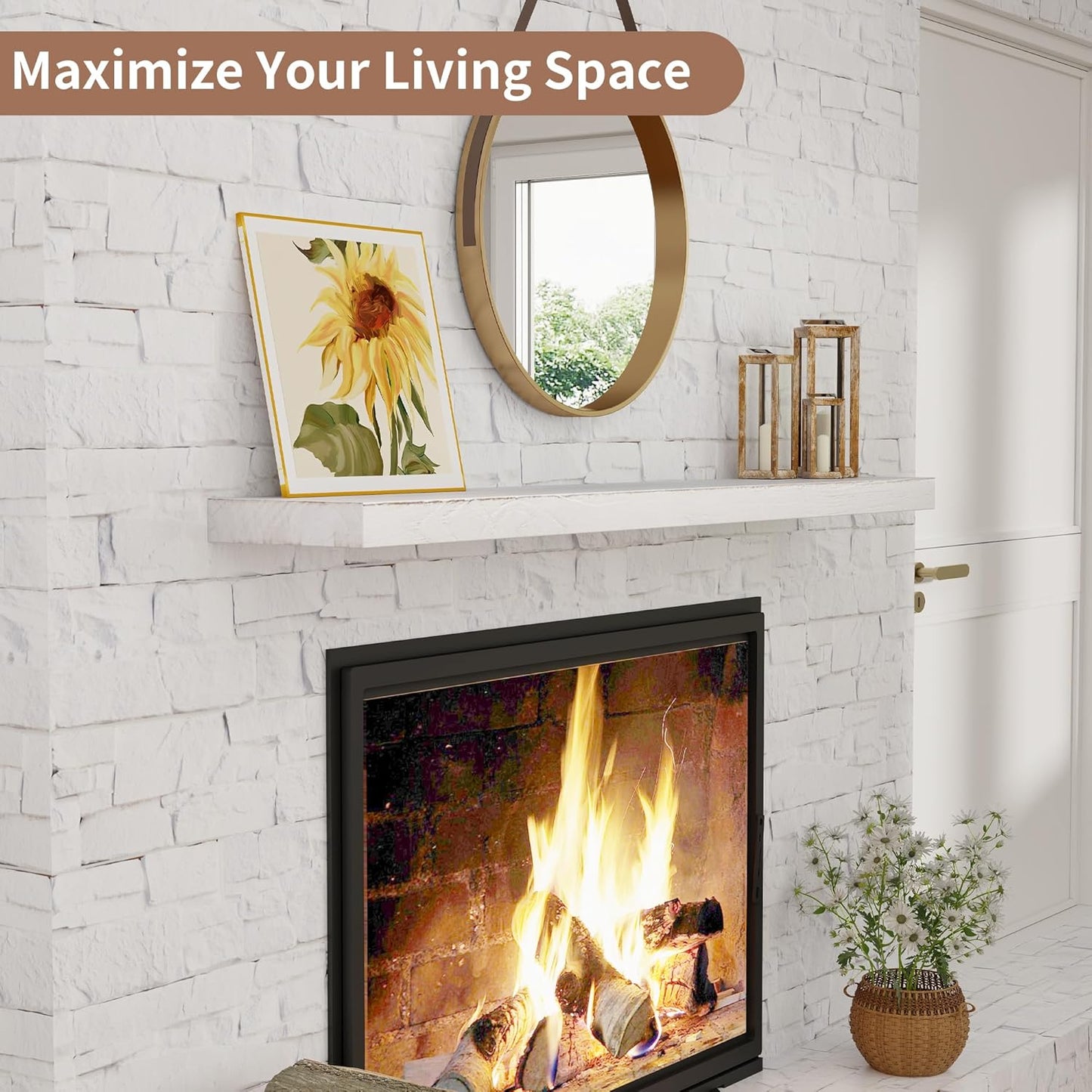 Floating Shelves for Wall, Rustic Elm Wood 56'' W x 8" D Wall Shelf with Invisible Bracket, Large Long Wall Mounted Storage Shelves for Living Room, Bedroom, Kitchen, Bathroom Decor, White Wash