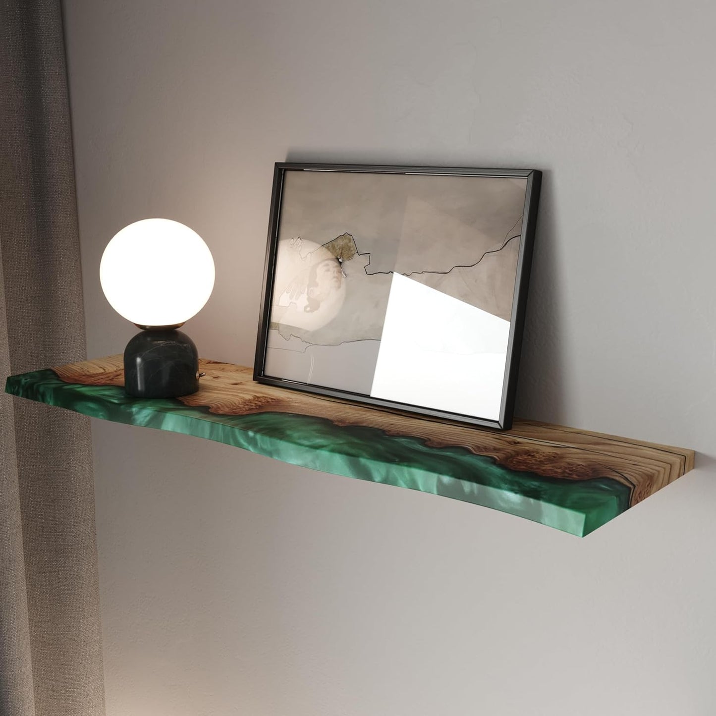 RWA Unique Live Edge Floating Shelf for Wall - Stylish Hanging Shelves for Room Wall Bedroom Bathroom Office Decor, Epoxy and Wood Wall Shelf Plank - Elegant Wall Mounted Shelves (green, 12x6")