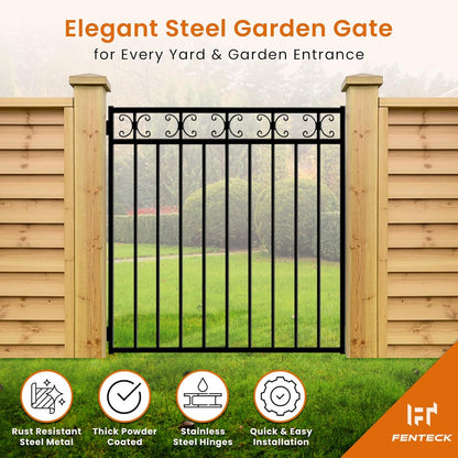 Garden Fence Gate, 3.5' W x 4' H, Decorative Black Wrought Iron Outdoor Gate for Front Yard, Backyard & Patio, Elegant Design with Stainless Steel Hinges & Self-Locking Latch