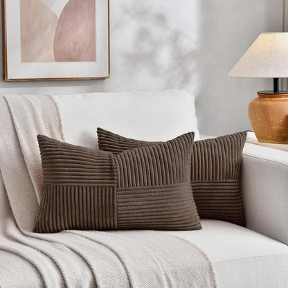 Fancy Homi 2 Packs Dark Brown Lumbar Decorative Throw Pillow Covers 12x20 Inch for Living Room Couch Bed, Rustic Farmhouse Boho Home Decor, Soft Striped Corduroy Rectangle Accent Cushion Case 30x50 cm