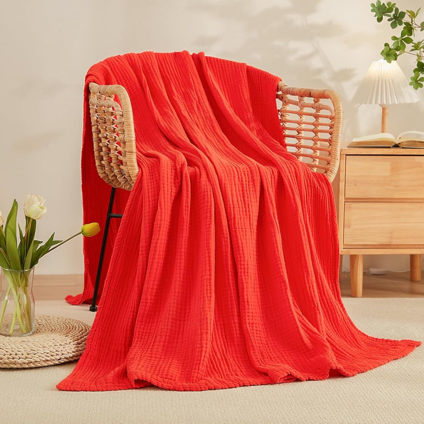 EMME Cotton Throw Blanket for Couch Soft Muslin Blankets 50"x60" Lightweight Breathable Blanket All Season Gauze Blanket, Orange Rust