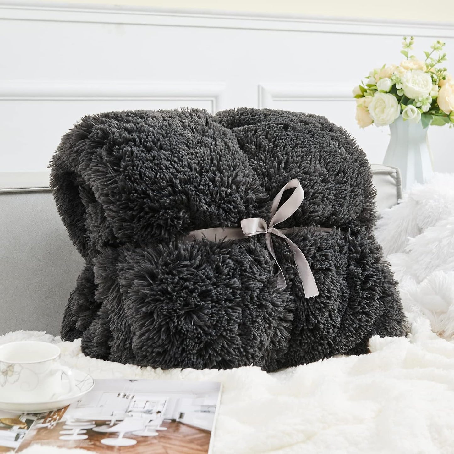 GONAAP Fuzzy Faux Fur Throw Blanket Twin Size Dark Grey Super Soft Cozy Plush Fuzzy Shaggy Blanket for Couch Sofa Bed (Dark Grey, Twin(60"x80"))