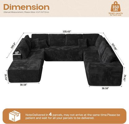 Cloud Sectional Couches for Living Room,U Shaped Modular Sofas No Assembly,135x100 Inches Plush Corduroy Oversized Floor Couch Set with Deep Seat Chaise,Black