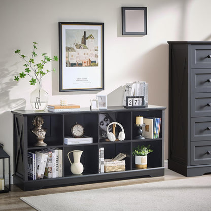 Farmhouse 8 Cube Bookshelf, Black Storage Organizer Bookcase, Kids Toy Storage Cabinet, Long Bookshelves Storage Organizer Shelf, Wood Display Cabinet Book Shelves for Bedroom,Living Room,Office